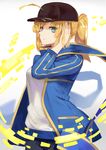  ahoge artoria_pendragon_(all) black_hat black_shorts blonde_hair blue_eyes blue_scarf blue_sweater fate/grand_order fate_(series) hat highres long_hair looking_at_viewer mysterious_heroine_x ponytail rojiura_satsuki:_chapter_heroine_sanctuary ryuuno6 scarf shorts solo sweater 