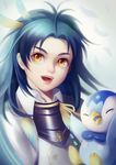  bird blue_hair crossover ecat feathers gen_4_pokemon hair_feathers highres male_focus open_mouth penguin piplup pokemon pokemon_(creature) smile taikogane_sadamune touken_ranbu upper_body yellow_eyes 