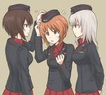  alternate_costume blue_eyes brown_eyes brown_hair garrison_cap girl_sandwich girls_und_panzer hand_on_another's_hat hat itsumi_erika kuromorimine_military_uniform matching_outfit military military_uniform multiple_girls mutsu_(layergreen) nishizumi_maho nishizumi_miho sandwiched short_hair siblings silver_hair sisters uniform 