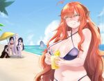  6+girls absurdres ahoge beach beach_umbrella bikini blue_bikini blue_sky blush breasts brown_horns cleavage cloud collarbone commentary contrail cup curled_horns curvy day drink drinking_straw english_commentary eyelashes food fruit glass glasses hair_between_eyes highres holding holding_cup holding_drink holding_drinking_straw horns large_breasts lemon lemon_slice lili_(subguss) mole mole_under_mouth multiple_girls navel nose_blush original outdoors pointy_ears round_eyewear sky smile solo_focus stomach subguss swimsuit umbrella water yellow_eyes 