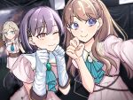  3girls 6th_live_dream_~bloom_garden_party~ absurdres blue_eyes blush ceras_yanagida_lilienfeld closed_mouth collared_dress commentary contrast_collar dream_believers dress fujishima_megumi grey_hair hair_ornament hair_ribbon highres jealous jellyfish_cut katsuragi_izumi long_hair love_live! love_live!_hasu_no_sora_jogakuin_school_idol_club multiple_girls orange_eyes pink_dress pink_ribbon purple_eyes ribbon selfie short_sleeves smile takanashi_ayato triangle_hair_ornament two_side_up untranslatable_commentary virtual_youtuber 