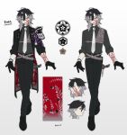  1boy armor artist_name asymmetrical_hair belt black_coat black_gloves black_hair black_pants black_shirt burn_scar character_name chest_belt chest_guard coat collared_shirt commentary_request ear_piercing earrings full_body gloves grey_belt grey_hair grin hair_between_eyes half_chest_guard highres japanese_armor jewelry jikkyuu_mitsutada kikkoumon long_sleeves looking_at_viewer male_focus multicolored_hair multiple_views necktie open_clothes open_coat pants piercing purple_eyes reference_sheet scar scar_on_arm scar_on_cheek scar_on_face scar_on_neck shirt shoulder_armor simple_background single_sode smile sode tachi_(weapon) tassel touken_ranbu twitter_username two-tone_hair white_background white_necktie wing_collar yokuhaku 