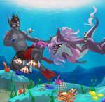  2016 ambiguous_gender anthro archery_(artist) bikini blue_tang_fish bra breasts clothed clothing coral duo_focus english_text eyewear female feral fin fish gills goggles grey_skin group hair hi_res larger_female larger_male lionfish long_hair male marine nude purple_hair red_skin seaweed shark sharp_teeth shorts size_difference skimpy snorkel starfish swimming swimsuit teeth text topless underwater underwear water yellow_eyes 
