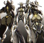  1girl absurdres ass ass_visible_through_thighs bandolier belt biomechanical black_skin breasts colored_skin commentary cowboy_hat cowgirl_(western) crotch_plate cyborg dual_wielding english_commentary gun hado_(zzzhadozzz) handgun hat highres holding holding_gun holding_weapon large_breasts mask mesa_(warframe) mesa_prime_(warframe) mouth_mask multiple_views prime_(warframe) science_fiction solo warframe weapon 