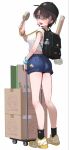  1girl alternate_costume armpit_crease ass backpack bag bare_legs baseball_cap black_socks blue_eyes blue_shorts box brown_hair cardboard_box character_name character_print commentary_request full_body handheld_electric_fan hat highres holding hololive indie_virtual_youtuber legs looking_at_viewer looking_back medium_hair midriff mikaku one_eye_closed oozora_subaru open_mouth pushcart shigure_ui_(vtuber) shoes short_shorts short_sleeves shorts simple_background smile sneakers socks solo standing stuffed_toy subaru_duck swept_bangs virtual_youtuber white_background yellow_shorts 
