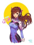  armor artist_name bangs bodysuit breasts brown_eyes brown_hair cowboy_shot cropped_legs d.va_(overwatch) dated eyebrows eyebrows_visible_through_hair facepaint facial_mark gloves headphones high_collar long_hair looking_at_viewer medium_breasts open_mouth overwatch pilot_suit sem_(honey_sv) shoulder_pads smile solo turtleneck whisker_markings 