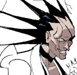  1boy black_hair bleach commentary crazy_grin crazy_smile english_commentary eyepatch grin japanese_clothes kimono lineart long_hair looking_at_viewer lowres magma_(medium) male_focus oekaki paint_chat_(medium) partially_colored pointy_nose portrait scar scar_across_eye scar_on_face simple_background smile solo spiked_hair teeth teknodice white_background zaraki_kenpachi 
