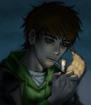  1boy animification ant-yummy bags_under_eyes beard_stubble black_coat brown_hair cigarette coat commentary_request drawstring edd_(eddsworld) eddsworld facial_hair fire future_edd_(eddsworld) green_hoodie hair_behind_ear holding holding_lighter hood hood_down hoodie korean_commentary lighter lighting_cigarette long_sleeves male_focus mature_male open_clothes open_coat shirt short_hair solo stubble swept_bangs trench_coat upper_body white_shirt 