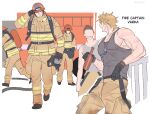  1boy alcohol alternate_costume alternate_universe black_gloves blue_eyes bottle commentary english_commentary fire_truck firefighter firefighter_jacket genshin_impact gloves highres holding holding_bottle jacket looking_at_another motor_vehicle pank0ni scar scars_all_over tank_top truck varka_(genshin_impact) 