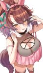  1girl ahoge animal_ears bare_shoulders bikini blush breasts brown_eyes brown_hair checkered_ribbon collarbone commentary_request dantsu_flame_(umamusume) ear_covers ear_ribbon hair_between_eyes hairband hanamura_pink highres horse_ears horse_girl horse_tail large_breasts looking_at_viewer multicolored_hair open_mouth pink_bikini pink_hairband simple_background smile solo sweat swimsuit tail umamusume white_background white_hair 