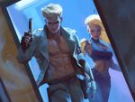  1girl abs alt_cunningham armor bandeau belt blonde_hair blue_bandeau blue_pants card_(medium) coat crop_top cyberpunk_(series) cyberpunk_(ttrpg) denim dutch_angle dynamic_pose earrings gold_armor grey_coat grey_jacket grey_pants gun handgun highres holding holding_gun holding_weapon holster indoors jacket jeans jewelry johnny_silverhand long_hair mechanical_arms medallion official_art open_clothes open_jacket pants pectorals short_hair shoulder_pads single_mechanical_arm thigh_holster weapon white_hair 