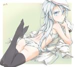  artist_name black_legwear blue_eyes border bra dated falco_arrow flat_cap green_background hair_between_eyes hat hibiki_(kantai_collection) highres kantai_collection legs_up long_hair looking_at_viewer looking_back lying on_stomach panties parted_lips shirt shoes_removed solo sports_bra thighhighs underwear verniy_(kantai_collection) white_border white_bra white_hair white_panties white_shirt 