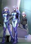  3girls anger_vein armored_bodysuit bodysuit bow breasts chin_guard commentary_request covered_navel crutch fortified_suit full_body grey_hair highres impossible_bodysuit impossible_clothes mecha_pilot_suit multiple_girls muv-luv muv-luv_alternative original purple_eyes red_bow shiny_clothes skin_tight wata_nuki yuri 