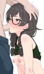  1boy 1girl absurdres black-framed_eyewear black_hair blush breasts cevio clothes_lift commentary_request crying crying_with_eyes_open cum cum_in_mouth deepthroat fellatio glasses green_eyes hanakuma_chifuyu highres irrumatio oral penis shirt_lift streaming_tears sweat synthesizer_v tears watti3600 