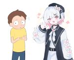  1boy 1girl bad_anatomy bad_hands beret black_choker black_dress black_hat brown_hair choker commentary crossover dress east-west_crossover english_commentary fang gradient_hair hair_ornament hat highres long_sleeves looking_at_viewer mahou_shoujo_no_majo_saiban morty_smith multicolored_hair nyaruki open_mouth pink_eyes pink_hair rick_and_morty sakuraba_ema shirt short_hair short_sleeves simple_background smile t-shirt white_background white_hair white_shirt x_hair_ornament yellow_shirt 