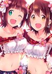  :d ;d amami_haruka asymmetrical_docking bad_id bad_pixiv_id bandeau bangs bare_shoulders belt blunt_bangs blush breast_press breasts brown_hair collarbone covered_nipples earrings flower flower_earrings green_eyes hair_flower hair_ornament hairclip hand_on_another's_back head_tilt idolmaster idolmaster_(classic) idolmaster_million_live! ima_(lm_ew) jewelry kasuga_mirai medium_breasts multiple_girls one_eye_closed open_mouth pink_flower short_hair simple_background small_breasts smile strapless tareme upper_body white_background yellow_eyes 