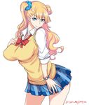  blonde_hair blue_eyes breasts earrings galko hair_bun hair_ornament hair_scrunchie huge_breasts isao jewelry long_hair looking_at_viewer oshiete!_galko-chan pleated_skirt school_uniform scrunchie side_ponytail simple_background skirt sleeves_rolled_up smile solo sweater_vest twitter_username watch white_background wristwatch 