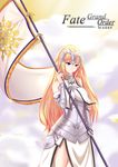  absurdres armor bare_shoulders blonde_hair breasts copyright_name fate/apocrypha fate/grand_order fate_(series) highres ice_spirit_tarot jeanne_d'arc_(fate) jeanne_d'arc_(fate)_(all) large_breasts long_hair purple_eyes side_slit solo standard_bearer thighs 