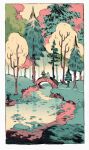  1boy arch_bridge autumn border bridge commentary english_commentary forest graphite_(medium) grass icamebyunicorn mixed_media moomin moomintroll nature outdoors pine_tree river riverbank rock scenery snufkin traditional_media tree water white_border wide_shot 