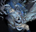  1girl bandage_on_face bandage_over_one_eye bandaged_head bandages bandages_over_mouth black_background blue_eyes blue_hair cape covered_mouth fortissimo hair_between_eyes hair_ornament hairclip highres magical_girl mahou_shoujo_madoka_magica mahou_shoujo_madoka_magica:_walpurgis_no_kaiten miki_sayaka miki_sayaka_(magical_girl) musical_note musical_note_hair_ornament one_eye_covered short_hair simple_background solo white_cape y9vtc 