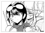  1girl 2girls blush breasts commentary_request digimon digimon_(creature) digimon_story:_time_stranger double_bun greyscale hair_bun highres junomon kairi_(fotune) large_breasts monochrome multiple_girls short_hair sketch solo surprised twitter_username upper_body yandere yuuki_kanan 