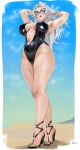  1girl armpits arms_up artist_name black-framed_eyewear black_cat_(coastal_cat)_(marvel) black_cat_(marvel) black_one-piece_swimsuit black_sandals breasts breasts_apart commentary easonx english_commentary felicia_hardy full_body high_heel_sandals high_heels highres knees large_breasts legs long_hair looking_at_viewer marvel marvel_rivals navel one-piece_swimsuit revision sandals solo spider-man_(series) standing stomach sunglasses swimsuit thick_thighs thighs toenails toes watermark 
