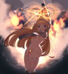  1girl absurdres animal_ears ass bikini bilingual_commentary blonde_hair blue_eyes breasts commentary diffraction_spikes english_commentary fake_animal_ears feet_out_of_frame fire floating_hair gloves glowing glowing_hat gold_bikini grey_hat grin hand_on_own_hip hat helmet highres large_hat long_hair looking_at_viewer micro_bikini mixed-language_commentary navel norma_hollowell pointing pointing_at_viewer porqyupine_(user_aoringo) rabbit_ears shako_cap small_breasts smile smoke solo stomach swimsuit thick_thighs thighhighs thighs very_long_hair white_thighhighs zenless_zone_zero 