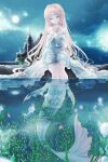  ayasal blonde_hair castle dress fairy_tail fins fish fish_tail full_moon hair_ornament highres holding holding_knife holding_weapon jellyfish knife merfolk mermaid monster_girl moon moonlight ocean seaweed sky star_(sky) star_(symbol) star_hair_ornament starry_sky tail the_little_mermaid_(andersen) the_little_mermaid_(disney) water weapon 