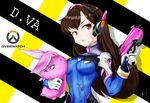  absurdres animal_print armor artist_name bangs blush bodysuit breasts brown_eyes brown_hair bunny bunny_print character_name commentary_request copyright_name covered_navel d.va_(overwatch) dated derivative_work facial_mark gloves gun hand_up handgun headphones high_collar highres holding holding_gun holding_stuffed_animal holding_weapon hwansang long_hair open_mouth overwatch parted_bangs pauldrons pilot_suit reference_work signature solo stuffed_animal stuffed_bunny stuffed_toy turtleneck upper_body weapon whisker_markings white_gloves 