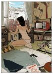  1girl absurdres black_hair commentary couhaida curtains day electric_guitar english_commentary from_behind futon guitar gun handgun highres indoors instrument kettle long_hair magazine_(object) manga_(object) no_shoes on_floor one-piece_tan original panties pornography poster_(object) signature sitting socks soles solo speaker tanlines tatami television topless_female underwear underwear_only unworn_panties unworn_socks vinyl_record weapon white_panties white_socks window 
