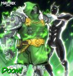  2boys alien alien_x_(ben_10) armor ben_10 ben_10:_alien_force ben_10:_omniverse cape celestialsapien choke_hold colored_skin commentary crossover doctor_doom english_commentary fantastic_four gloves glowing glowing_eyes green_cape green_eyes green_hood green_tunic grey_armor helmet highres hood hooded_cape horns male_focus marvel marvel_rivals mask maytrixxdx metal_mask multiple_boys neck_grab omnitrix omnitrix_symbol power_armor space strangling tunic universe 