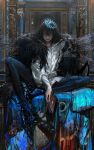  1boy absurdres arthropod_boy arthropod_limbs au_(d_elete) blue_eyes book bug cape centipede commentary crown diamond_hairband dragonfly_wings fate/grand_order fate_(series) full_body fur-trimmed_cape fur_trim grey_hair highres holding holding_book insect_wings knee_up leggings long_sleeves looking_at_viewer male_focus medium_hair oberon_(fate) oberon_(third_ascension)_(fate) shirt sitting solo white_shirt wing_cape wings 