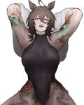  1boy 1girl abs absurdres agnes_tachyon_(umamusume) animal_ears arm_tattoo armpits arms_up breasts brown_hair commentary hair_between_eyes hands_on_another's_hips highres horse_ears horse_girl irezumi leg_tattoo muscular muscular_female open_mouth peachapples scowl shirt simple_background tattoo teeth thick_thighs thighs tight_clothes tight_shirt tight_top umamusume untranslatable_commentary white_background 