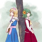  alice_margatroid back-to-back blonde_hair book dress flower green_hair hair_flower hair_ornament hairband kashiwada_kiiho kazami_yuuka leaning multiple_girls open_mouth plaid plaid_dress red_eyes short_hair smile touhou tree 