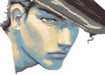  1boy blue_eyes closed_mouth commentary cropped_head earrings hat jewelry jojo_no_kimyou_na_bouken kujo_jotaro limited_palette male_focus one_eye_covered piercing poorpoor1988117 sanpaku short_hair short_sideburns sideburns simple_background solo stardust_crusaders thick_eyebrows very_short_hair white_background 