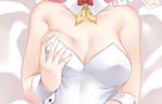  bare_shoulders bed breasts bunnysuit close-up condom condom_wrapper dakimakura detached_collar grabbing hamakaze_(kantai_collection) head_out_of_frame kantai_collection large_breasts leotard lying on_back ren_san self_fondle silver_hair solo sweat wrist_cuffs 