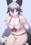  1girl animal_ears bikini blue_background blush breasts cleavage commentary_request extra_ears fox_ears fox_girl fox_tail glasses grey_hair highres kemono_friends kemono_friends_3 large_breasts long_hair looking_at_viewer lowlandgorilla navel ribbon silver_fox_(kemono_friends) simple_background solo swimsuit tail yellow_eyes 