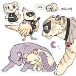  1girl animal animal_focus animalization bang_dream! bang_dream!_it's_mygo!!!!! bird black_mask bug chibi dog_girl electric_guitar eye_mask furrification furry furry_female guagua977 guitar holding holding_guitar holding_instrument instrument jaguar mask masquerade_mask misumi_uika pleading_eyes purple_eyes simple_background speech_bubble spider tears translation_request twitter_username white_background yellow_bird yuutenji_nyamu 