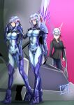  3girls armored_bodysuit bodysuit bow breasts chin_guard commentary_request covered_navel crutch fortified_suit full_body glowing glowing_eyes grey_hair highres impossible_bodysuit impossible_clothes mecha_pilot_suit multiple_girls muv-luv muv-luv_alternative original purple_eyes red_bow shiny_clothes skin_tight wata_nuki yuri 