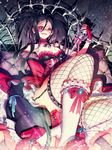  artstation_sample blue_eyes breasts cane cat choker cleavage corset cross-laced_footwear crossed_legs eyepatch frilled_skirt frills furyou_michi_~gang_road~ gloves grin high_heels highres image_sample purple_hair sitting skirt skull small_breasts smile socks solo soo_kyung_oh thighs twintails watermark 