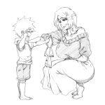  1girl 2boys absurdres arm_on_own_leg bare_shoulders barefoot bleach bleach:_epilogue breasts child closed_eyes collarbone commentary commission crying english_commentary from_side full_body greyscale hair_ornament half-closed_eyes hand_on_another's_shoulder hand_up highres holding holding_stuffed_toy hooded_shirt huge_breasts inoue_orihime ko-fi_commission kon_(bleach) kurosaki_kazui long_hair looking_at_another monochrome mother_and_child mother_and_son multiple_boys off-shoulder_sweater off_shoulder open_mouth outstretched_arm parent_and_child parted_bangs rakusakugk rubbing_eyes sentient_stuffed_toy shirt short_hair short_sleeves shorts simple_background sketch skirt smile snowflake_hair_ornament squatting standing stuffed_animal stuffed_lion stuffed_toy sweater white_background 