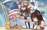 aircraft airplane american_flag arms_up bare_shoulders black_vest blonde_hair blue_eyes blue_sky breasts cleavage closed_eyes cloud day eating eating_contest elbow_gloves flag gloves headgear hot_dog iowa_(kantai_collection) kantai_collection large_breasts long_hair multiple_girls navel panties_(pantsu-pirate) ponytail shirt sky sleeveless sleeveless_shirt standing star star-shaped_pupils stomach symbol-shaped_pupils table tic-tac-toe very_long_hair vest white_gloves white_shirt wrist_cuffs yamato_(kantai_collection) 