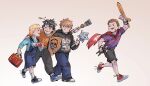  4boys action_figure alternate_universe black_eyes black_hair black_hoodie black_pants black_shoes blonde_hair blue_pants blue_shirt blue_shoes bryce_(space_king) captain_(space_king) chestnut_(space_king) child denim hatemonger_(space_king) highres holding holding_mace holding_shield holding_sword holding_toy holding_weapon hood hoodie jeans lordcheeese lunchbox mace multiple_boys orange_hair orange_shirt pants polo_shirt red_shoes shield shirt shoes sneakers space_king sword toy weapon 