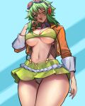  1girl :d ;d @_@ absurdres arm_behind_back blush bra breasts commentary crop_top cropped_jacket english_commentary from_below goggles goggles_on_head green_bra green_eyes green_hair green_panties green_skirt groin gumi gumi_(v3_megpoid) hair_between_eyes hand_on_own_cheek hand_on_own_face hand_up highres hip_focus jacket kyuunsai looking_at_viewer looking_down medium_hair microskirt navel one_eye_closed open_clothes open_jacket orange_jacket panties pantyshot revealing_clothes skirt smile solo stomach striped_clothes striped_panties suspender_skirt suspenders thighs underboob underwear vocaloid white_panties 