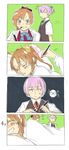  4koma akigumo_(kantai_collection) anger_vein blank_eyes blush brown_hair closed_eyes comic drooling face_painting green_background grin hair_ribbon heart highres holding holding_pen kagerou_(kantai_collection) kantai_collection kuwabara_(medetaya) long_hair long_sleeves multiple_girls neck_ribbon no_eyes no_gloves pen pink_hair ponytail red_ribbon ribbon shiranui_(kantai_collection) short_ponytail short_sleeves silent_comic sleeping smile speech_bubble teeth_hold translated twintails vest yellow_ribbon zzz 
