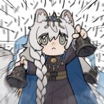  1girl :< absurdres animal_ear_fluff animal_ears arknights bell black_dress blue_cloak blue_shawl blurry braid chibi chibi_only cloak closed_mouth commentary_request dress grey_eyes grey_hair highres holding holding_bell jewelry long_hair long_sleeves looking_at_viewer necklace pramanix_(arknights) pramanix_the_prerita_(arknights) shawl shoujo_l snow_leopard_ears snow_leopard_girl solo tail tiara translation_request twin_braids very_long_hair 