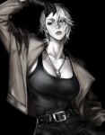  1girl belt_buckle black_background black_gloves black_tank_top breasts brown_jacket buckle cleavage collarbone commentary ghost_hua gloves highres jacket leather leather_pants mole mole_on_breast mole_under_eye original pants pointy_ears red_eyes scar scar_on_face scar_on_lip scar_on_mouth short_hair tank_top upper_body white_hair 