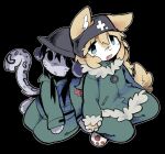 2girls animal_ear_fluff animal_ears animal_hands black_background black_eyes blue_eyes chito_(shoujo_shuumatsu_ryokou) ears_through_headwear fang freckles fur-trimmed_hood fur-trimmed_jacket fur_trim furrification furry furry_female gloves grey_hair grey_pants helmet high_heels highres hood hood_down jacket multiple_girls nessiemooo open_mouth pants shoujo_shuumatsu_ryokou smile snow_leopard_ears snow_leopard_girl snow_leopard_tail tail white_gloves wolf_ears wolf_tail yuuri_(shoujo_shuumatsu_ryokou) 