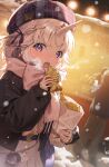  1girl 2others absurdres arnyang_(ayatsuno_yuni) ayatsuno_yuni bag bare_tree beret black_coat blush bow braid brown_sweater charm_(object) coat commentary_request cross-shaped_pupils dutch_angle ear_piercing earrings eating food goldcorn grey_skirt hair_ribbon hat highres holding holding_food horns jewelry korean_commentary long_sleeves looking_at_viewer multiple_others night open_mouth piercing pink_scarf plaid_hat pleated_skirt pom_pom_(clothes) pom_pom_earrings purple_bag purple_eyes purple_nails purple_ribbon ribbon sakihane_huya scarf scarf_bow single_horn skirt snow snowing solo_focus stellive sweater symbol-shaped_pupils taiyaki tree unicorn_girl upper_body virtual_youtuber wagashi white_hair winter winter_clothes 
