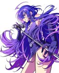  1boy crossdressing crossdressing_(mtf) dark_persona dress elbow_gloves gloves gradient_hair grin highres irumi_(iruma-kun) long_hair mairimashita!_iruma-kun meremero microphone_stand multicolored_hair purple_dress purple_eyes purple_gloves short_dress simple_background smile solo suzuki_iruma very_long_hair white_background 